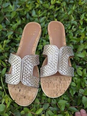 Dune London Ludlowss Slide Woven Gold Metallic Faux Leather Sandals 9 NIB